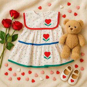 Vintage 1980s Lisa Jackson Baby Girls Dress – Polka Dots & Heart | Size 3-6M